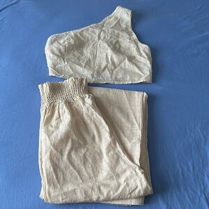 Cream Elastic Waist Pants with One Shoulder Crop Top